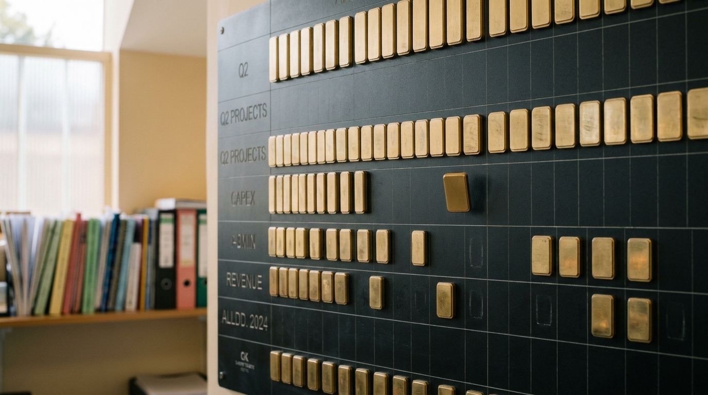 A wall-mounted magnetic budget-allocation board with rows of machined brass tiles set against labelled compute-budget lines, one tile caught lifted clear of the pretraining row and not yet set down on the post-training row beside it