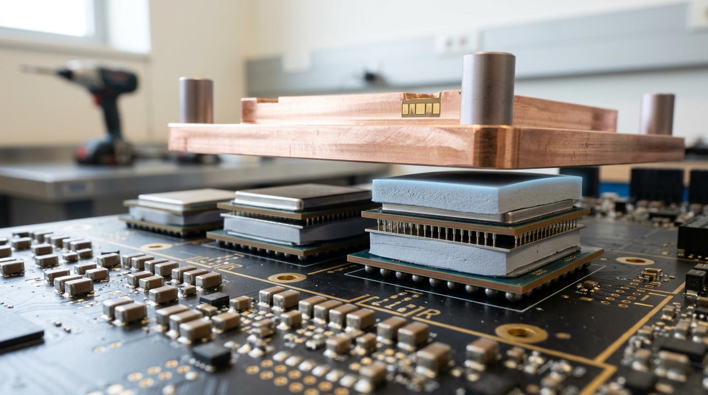 A copper vapour chamber and cold plate caught lifted clear on standoffs above a row of packages of visibly different stack heights, each shimmed up with thermal pads toward one common contact plane, the nearest pad still standing proud