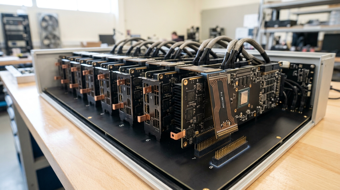 A row of identical accelerator boards standing in an open chassis with the interconnect harness fanning between them, one bridge connector caught half-seated across two adjacent modules with its far end still standing off the post