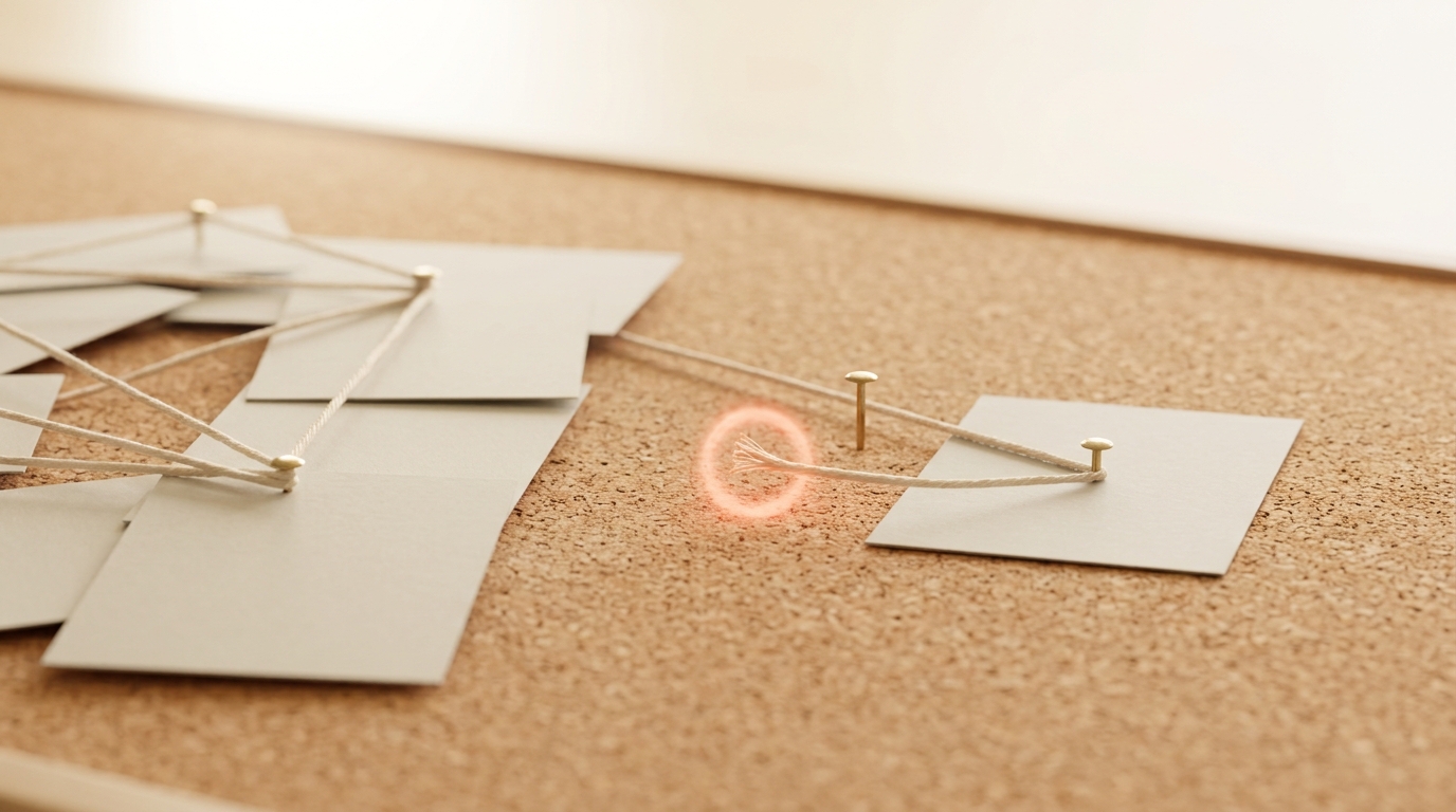 A single index card pinned apart from a cluster of connected cards on a corkboard, a loose length of string extending from it toward the cluster but ending short of a second pin, not yet joined