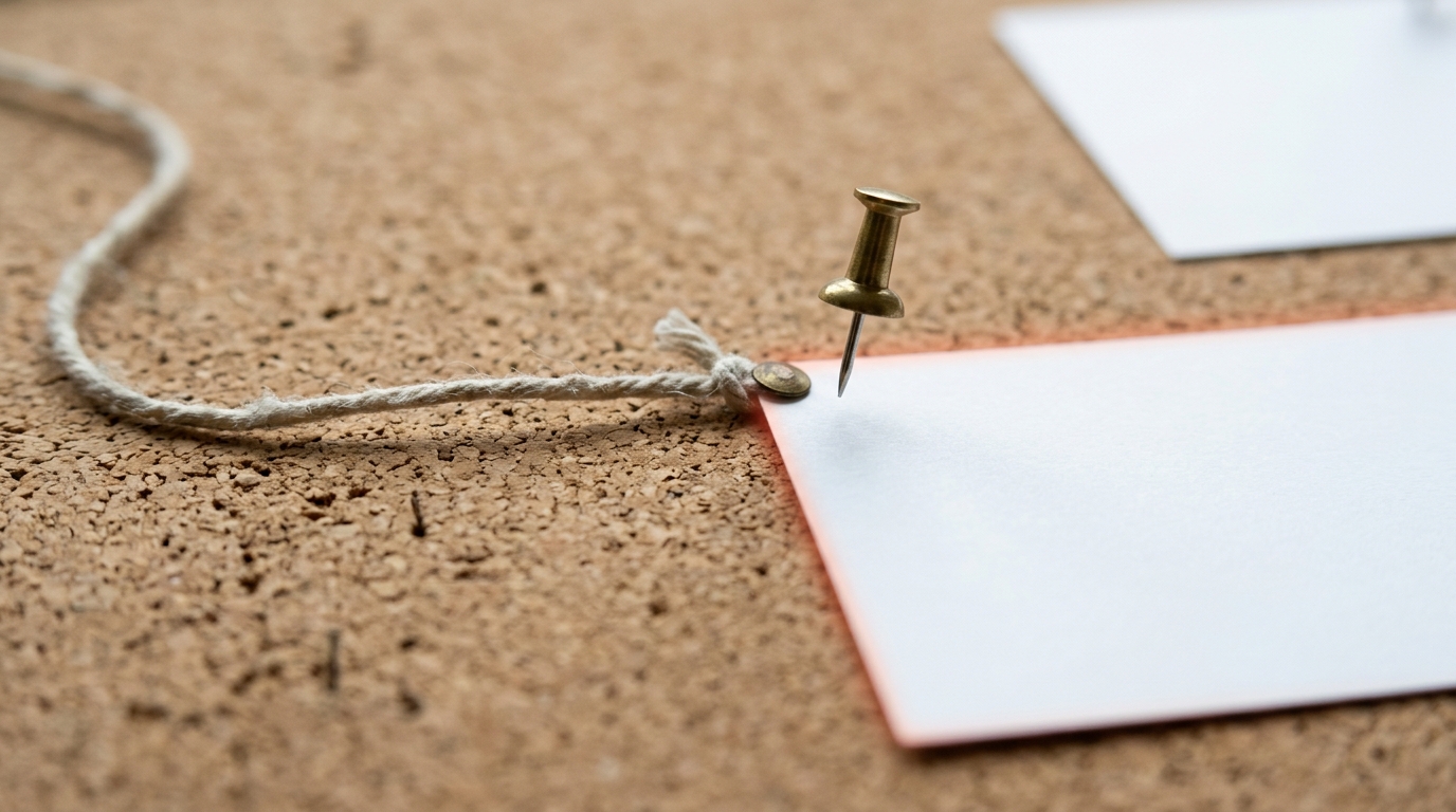 A brand-new, uncurled index card being pinned at the far end of an already long, slightly dust-dulled string, the pin caught a moment before fully seating
