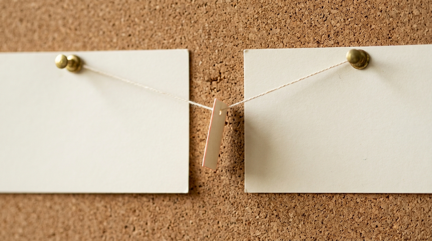 Two index cards pinned close together on the corkboard, a small blank paper tag hanging from a thread strung between them, the tag turned edge-on and unmarked, still swinging slightly
