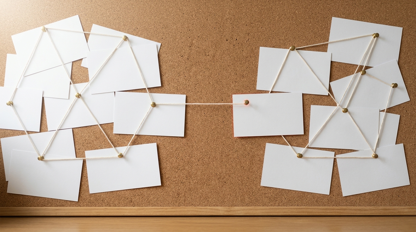Two separate clusters of connected index cards on the corkboard, a single short thread stretched between one card in each cluster, the pin at one end of that bridging thread hovering just above the cork rather than pressed in