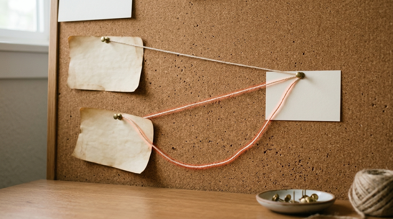 A corkboard with two faded, long-pinned index cards on the left connected by two lengths of string of visibly different length to a single fresh, brightly colored card on the right, one string still slack and not yet pulled taut