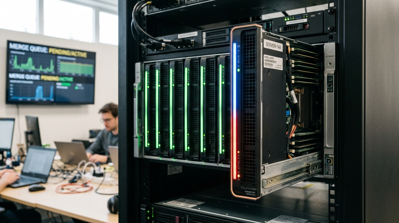 A blade server drawn part-way out of an otherwise fully seated rack on its rails, its status LED strip half-lit between two colours