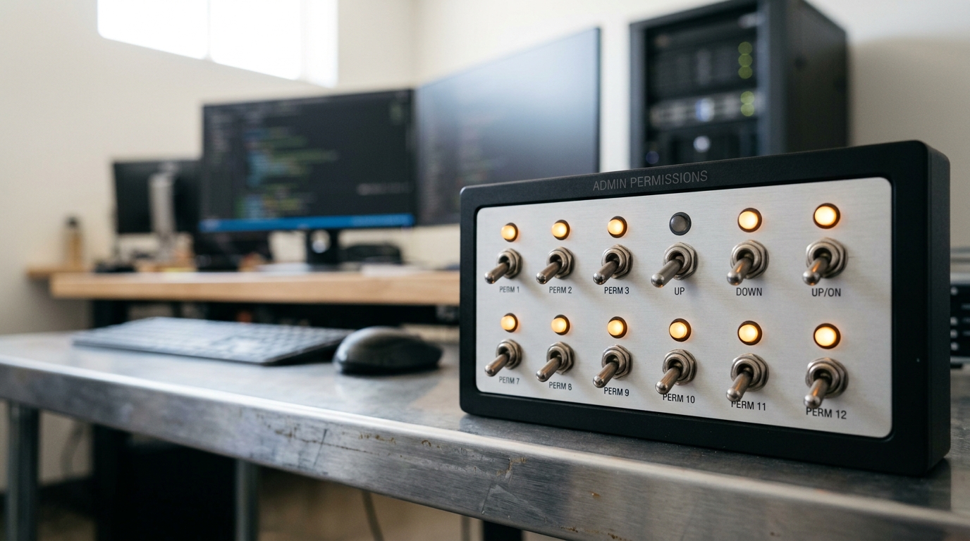 A small permissions console of toggle switches in a bezel, one switch caught mid-throw with its indicator lamp not yet lit, the rest of the row already set