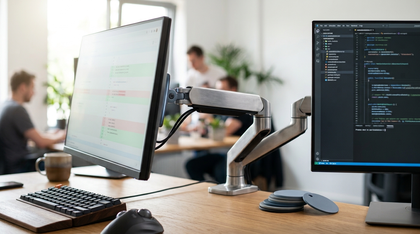 A code-review desk with an articulating dual-monitor arm mid adjustment, one screen tilted off true and showing soft two-toned colour blocks, a small stack of review tokens fanned on the desk