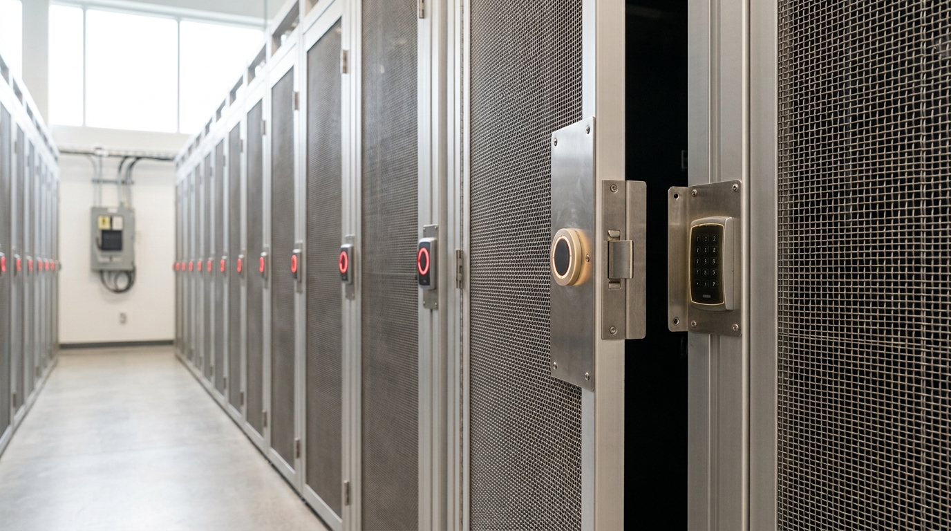 A row of locked server-cage doors down a bright data-center corridor, with one cage's electric door strike caught mid-release, its bolt just withdrawn and an indicator light changing from red to green, while every other cage down the row stays flush and bolted