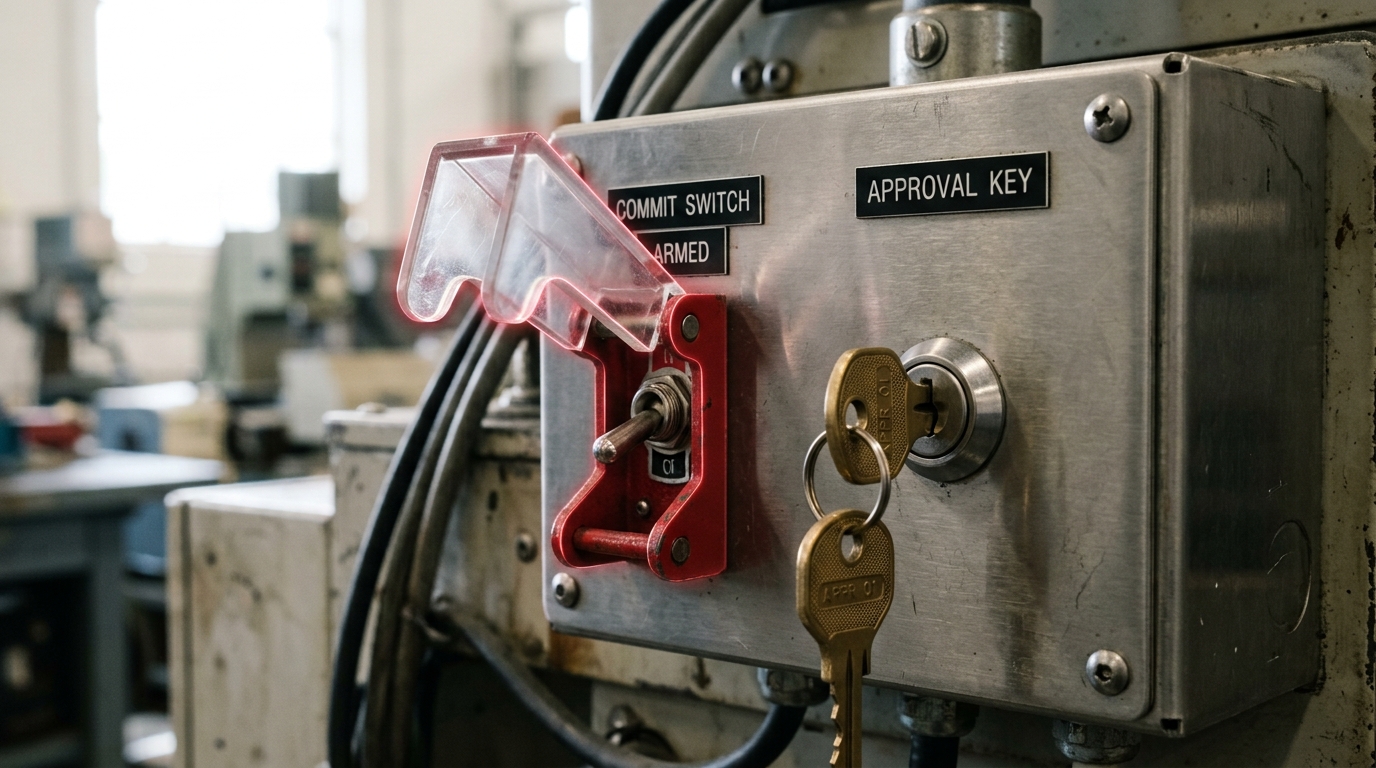 A wall-mounted override key-switch caught mid-turn toward its hold-open position, an amber warning light just beginning to glow on the panel above it, while a cage door beyond starts to swing free with no badge read yet logged