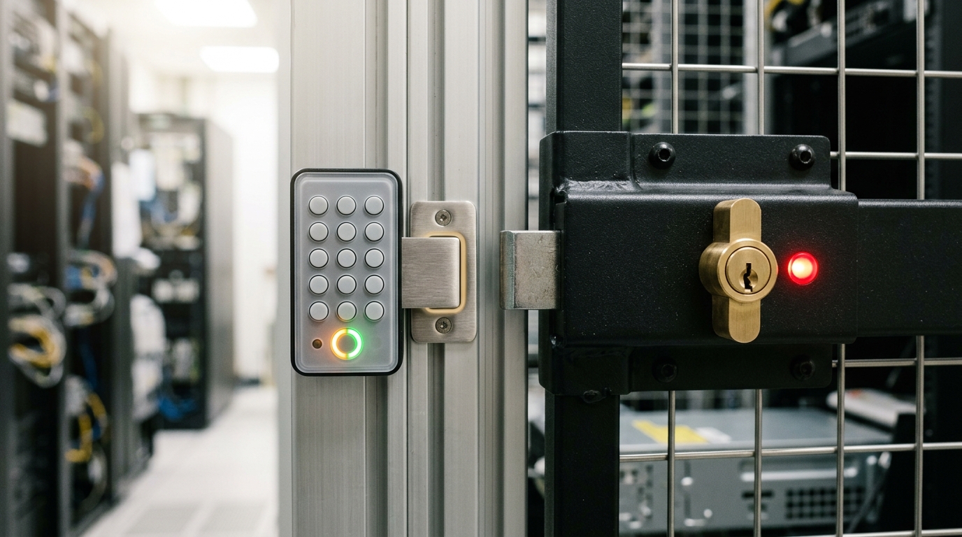 Two adjacent security fixtures on one cage frame, a small keypad-locked drawer with its latch caught mid-retract and a green indicator, beside a heavier crossbar gate secured by an untouched key-switch with a steady red indicator
