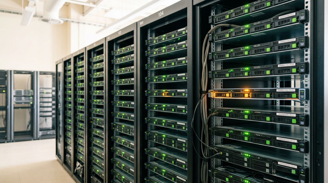 A rack of sandboxed task-runner servers in a bright lab, one drive tray's status light still amber mid-task while the trays around it glow steady green