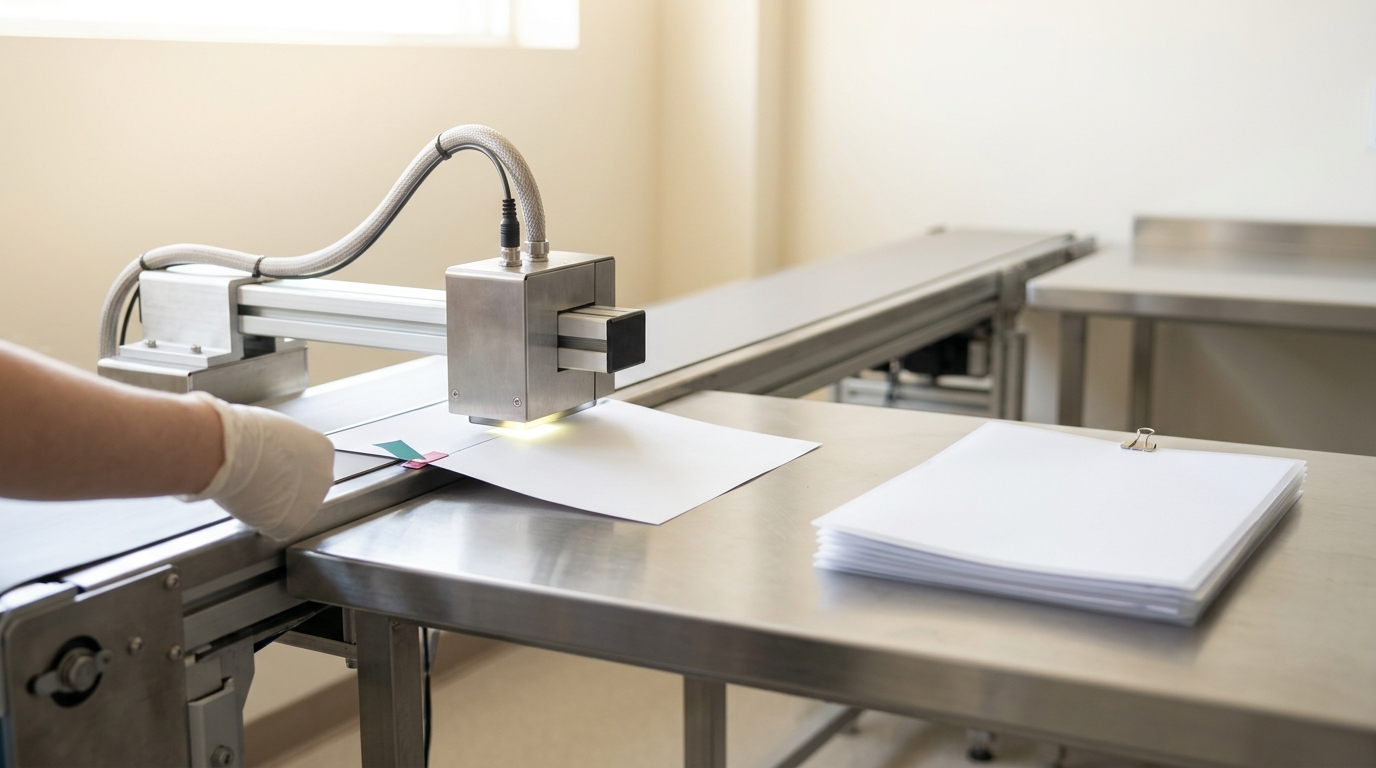 A stainless steel scrub bench where a blank task sheet passes under an overlap-detector head, a small flagged tab clipped where an overlap was found, cleared sheets already stacked beside it
