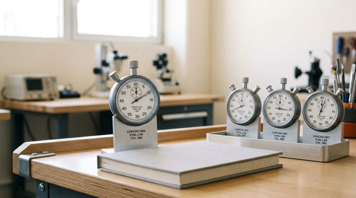 A row of anodised chronometers on a timing bench, one caught with its stop plunger only halfway depressed and its second hand still sweeping while the chronometers beside it sit stopped and racked