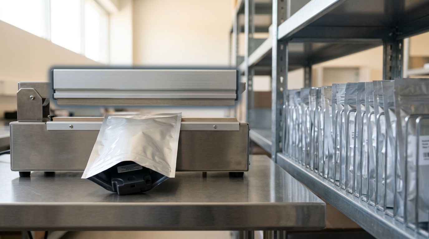 A heat-sealer bar caught just above a foil data pouch on a vault bench, the pouch not yet sealed, a row of already-sealed pouches racked behind it