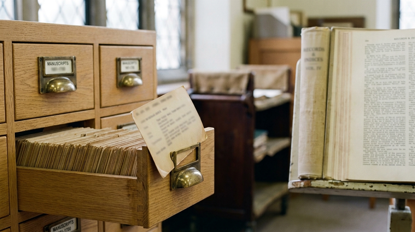 A wooden card-index drawer pulled open in the archive reading room, one buff card tilted against the drawer's brass lip as if just set down mid-check, a worn reference volume open on a stand behind it