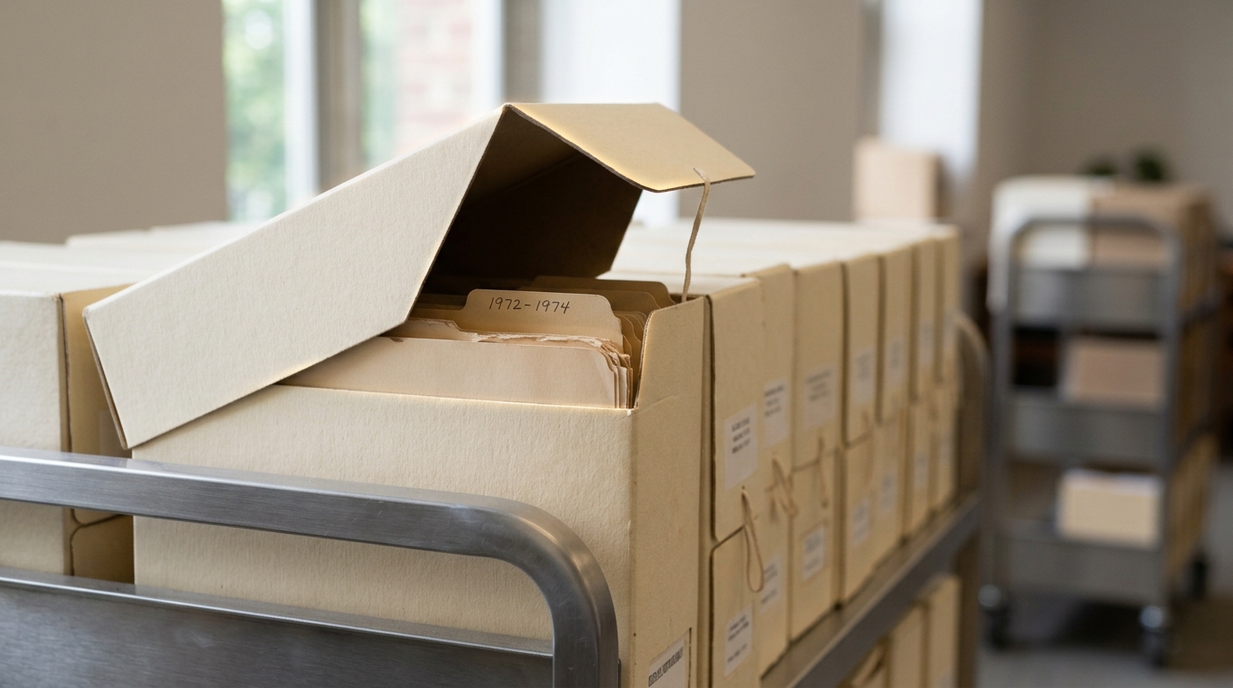 A pale document box on an archive trolley with its lid lifted at one corner over a folder marked with a plain date tab, a row of closed boxes continuing along the shelf