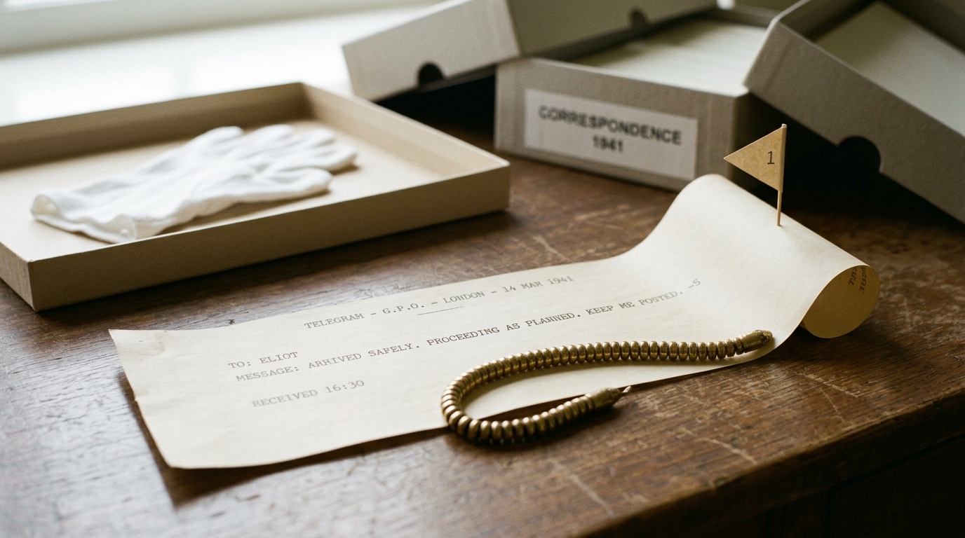 A narrow facsimile telegram held open under a padded letter cradle shaped like a weighted brass-beaded snake, one typed line marked by a small paper flag, cotton gloves resting in a tray nearby