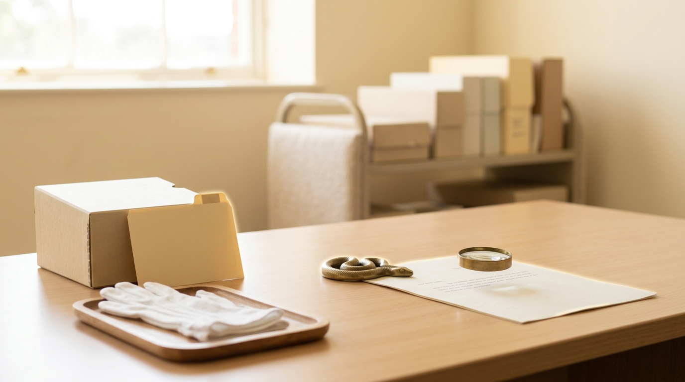 A cataloguing desk in a manuscript archive reading room, a loupe still descending toward one line of a facsimile letter held open under a brass letter-weight, an accession card propped against a document box