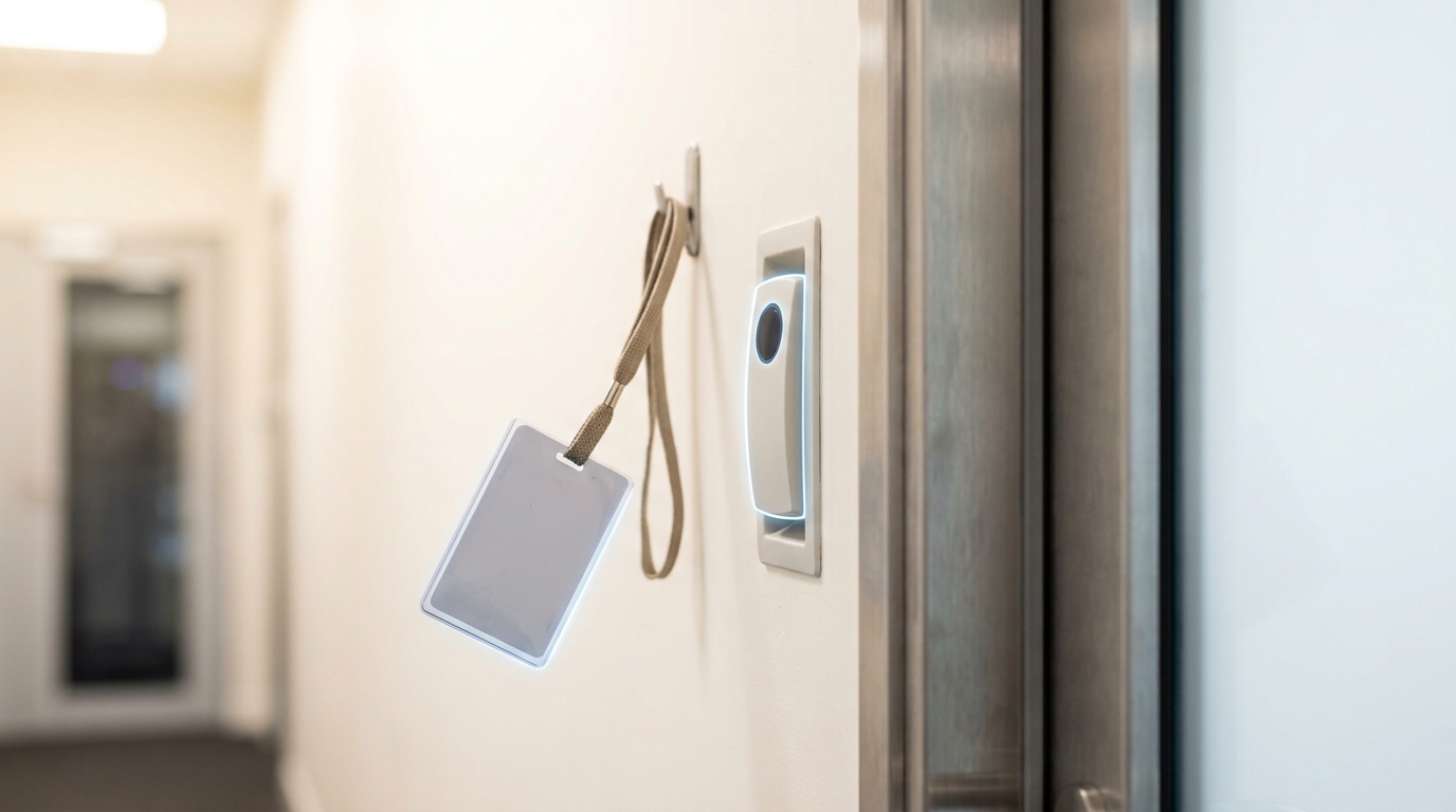 A lanyard-hung access badge swinging on its hook just short of a wall-mounted card reader, the reader's indicator not yet lit