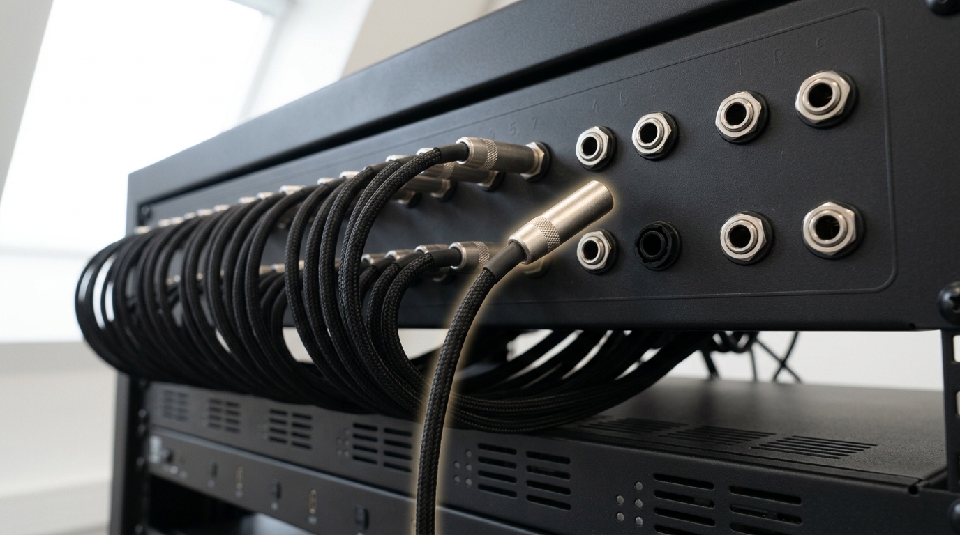 A segmented server rack with two colour-coded patch-panel lanes, one cross-connect cord suspended mid-transfer between the global lane and the US-only lane