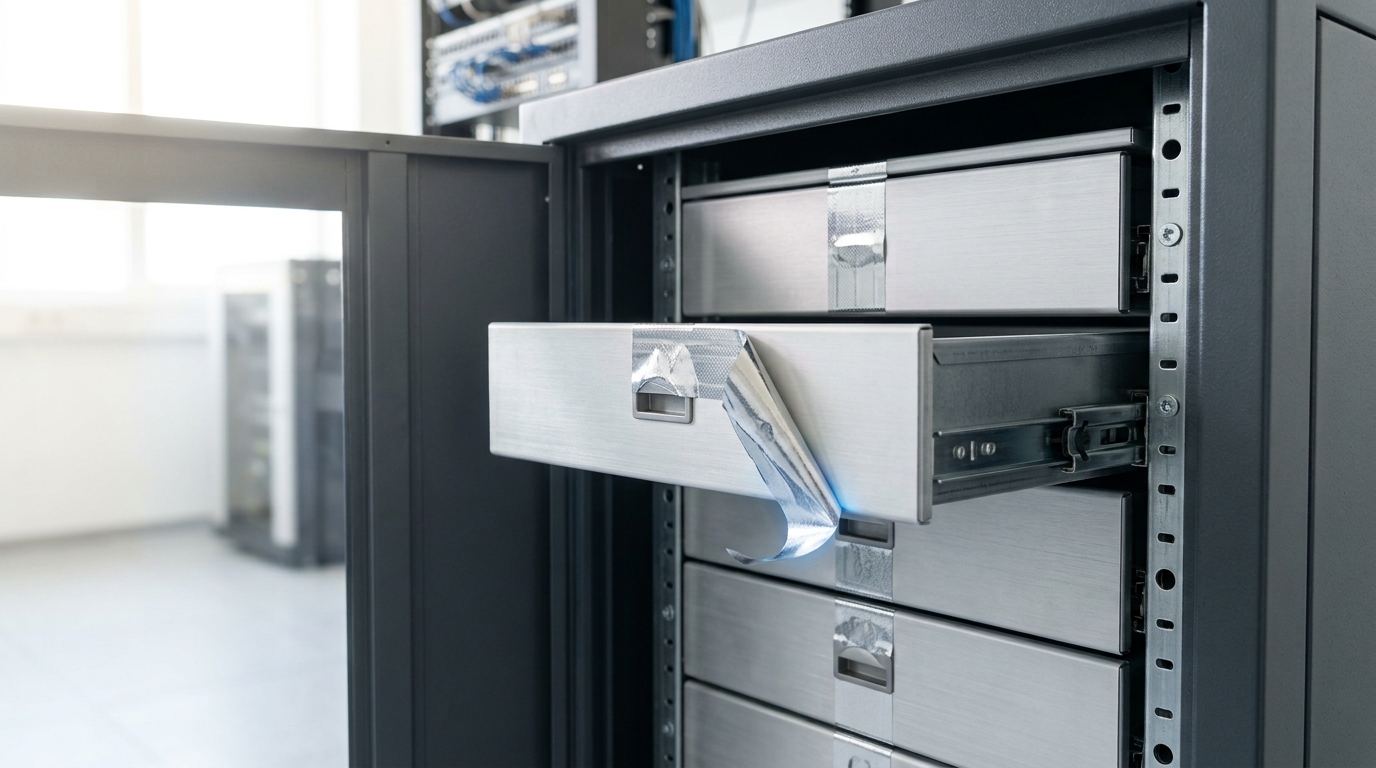 A hardware security module cabinet with one key-management drawer part-withdrawn, its tamper-evident seal peeled while the neighbouring drawer's seal remains intact