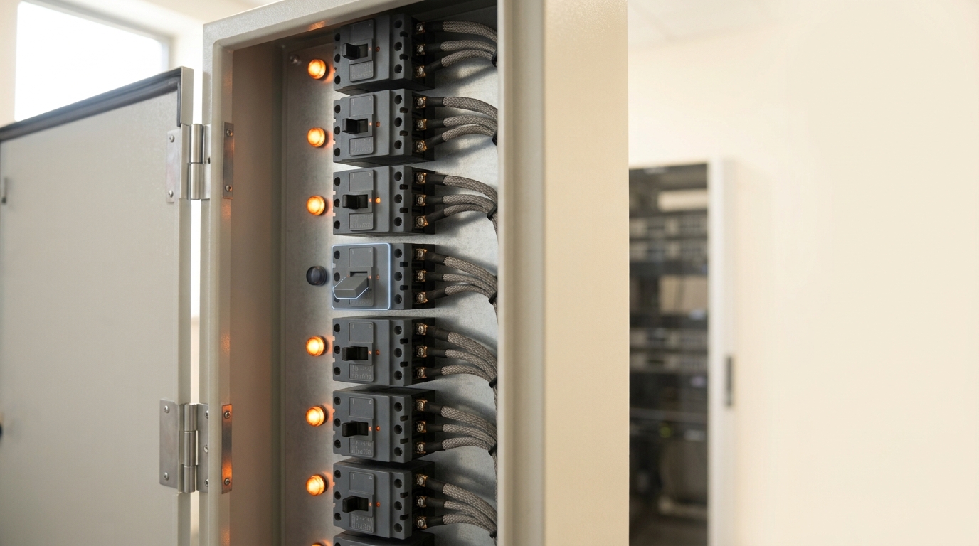 A relay cabinet with a row of physical retention-mode switches, one relay caught mid-throw between the standard and zero-retention positions while its neighbours sit firmly set