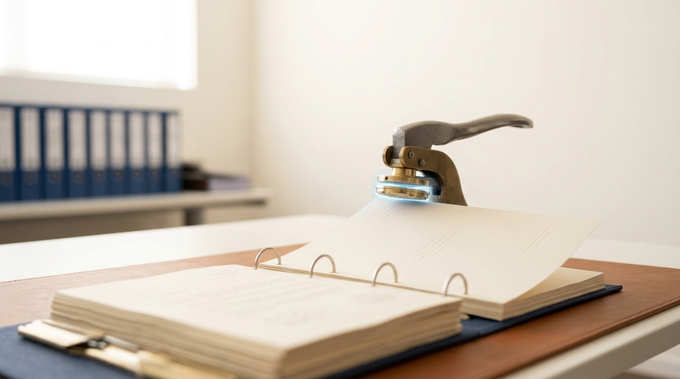 An embossing seal press caught mid-descent over an open compliance binder on a review desk, its arm not yet touching the signature page