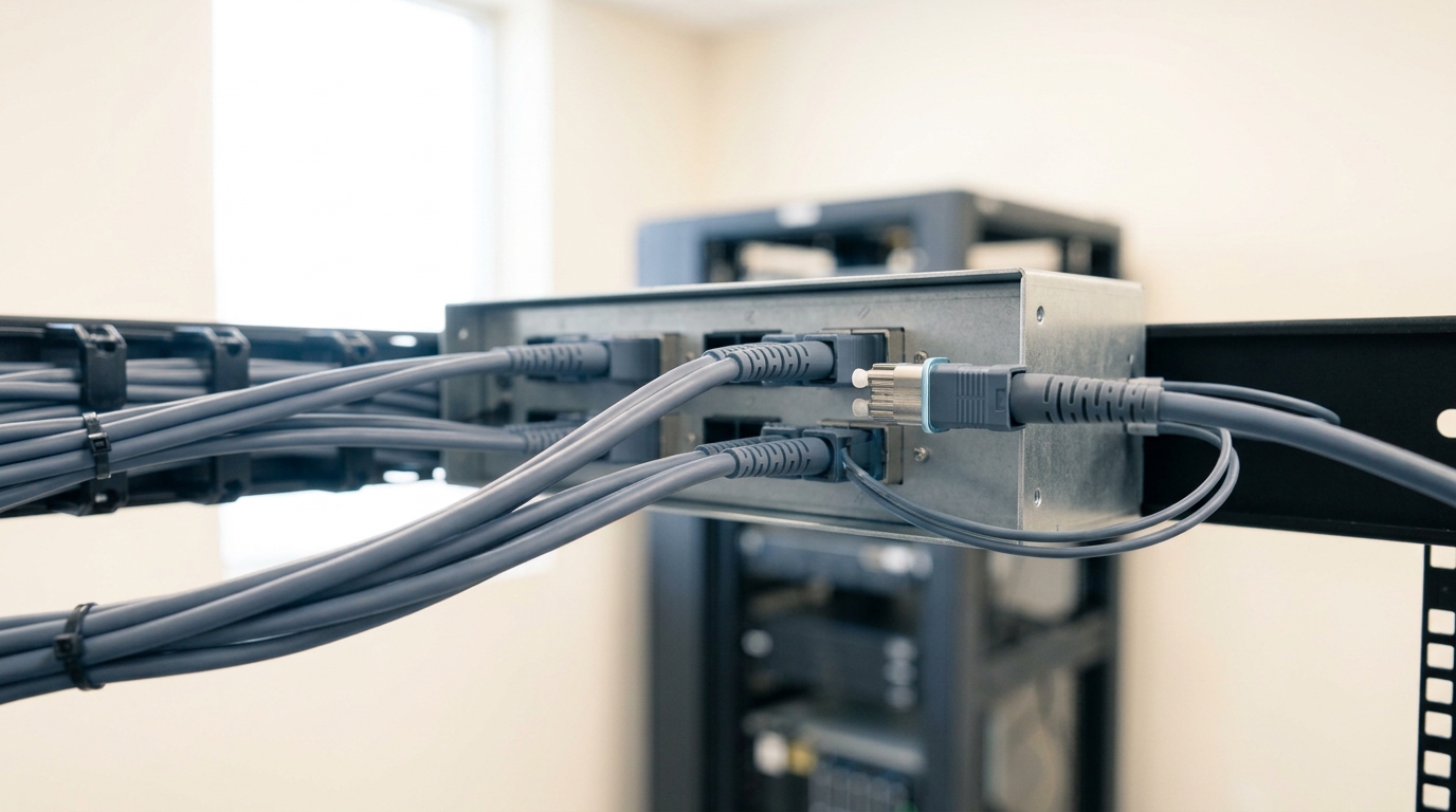 A fibre breakout junction where three separate trunk cables fan out toward three destinations, one connector caught mid-seat into the newest of the three