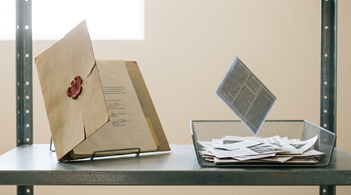 An archive shelf with a signed disclosure folder open on a stand beside a wire tray, a loose printed clipping caught tilted in the air just above the tray, not yet settled