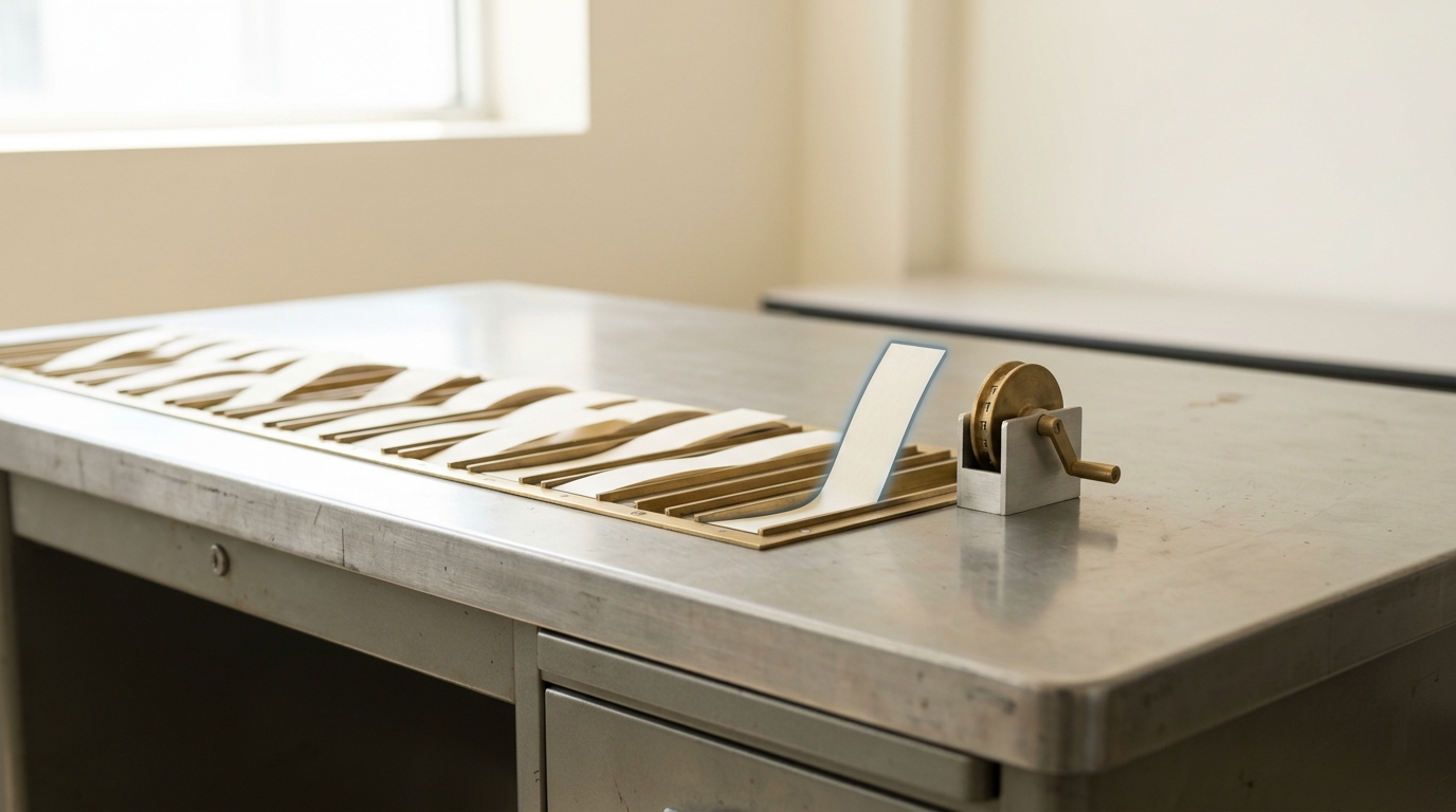 A ledger desk with narrow paper score-slips sliding into brass channels of differing width, one slip caught mid-slide and not yet flush with its neighbours