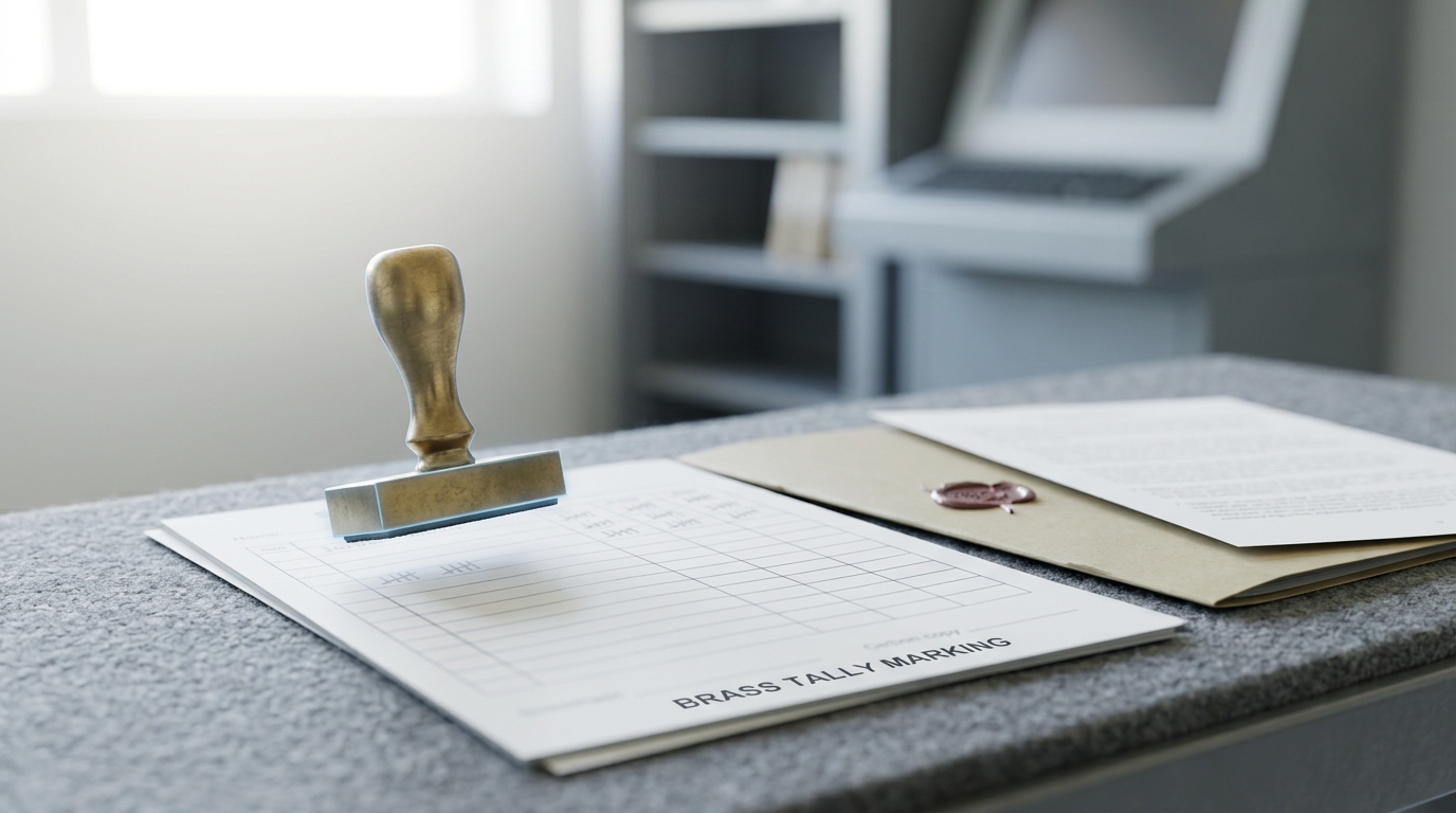A scoring bench where a brass tally stamp is pressed onto one row of a printed answer sheet, ink not yet set, while rows above are already marked against a sealed answer-key folder