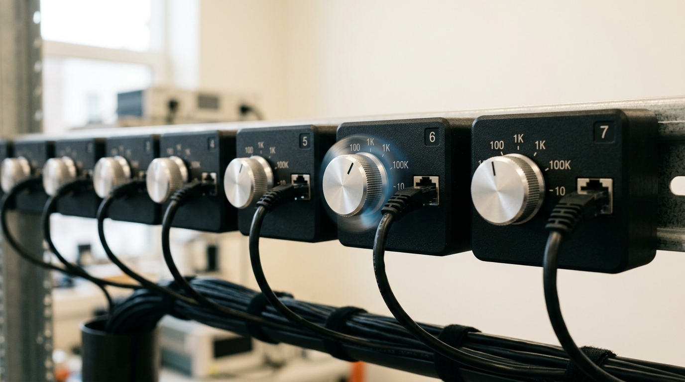 A row of isolated query-rack modules each with a rotary sample-count dial, one dial caught mid-turn between its single-sample and multi-sample detents