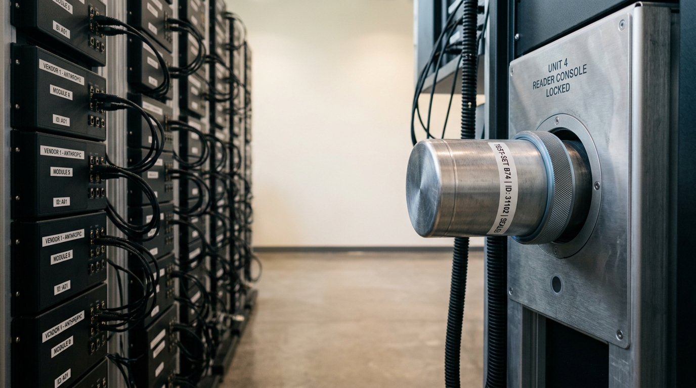 A sealed aluminium test-set canister half-loaded into a locked reader console, its collar caught mid-turn, with a rack of isolated per-vendor query ports receding behind it