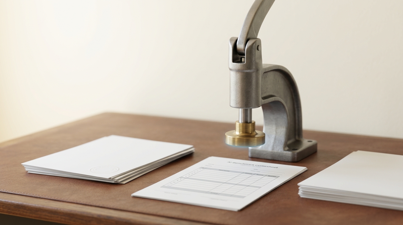 A hand-operated certification press with its brass die caught mid-strike above a scoresheet, a stack of already-sealed sheets to one side and unsealed sheets waiting on the other