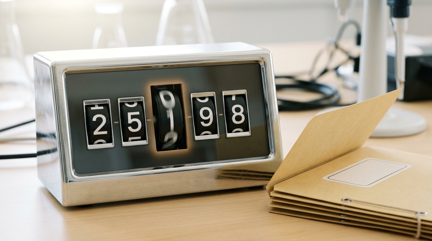 A manual-verification throughput console built around a chrome mechanical hour-tally counter, its middle drum caught mid-turn between two digits, beside a stack of circuit-claim report folders
