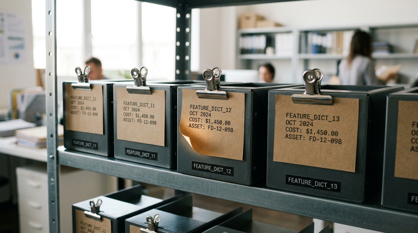 A feature-dictionary storage array of drive caddies with one caddy part-way into its bay, a printed cost manifest tag held against its face by a spring clip that has not yet closed