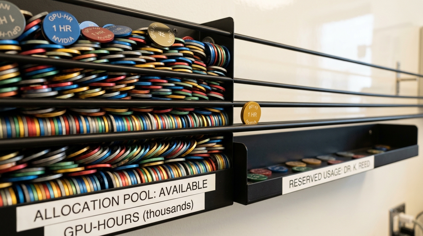 A horizontal sliding-rail compute-allocation board with anodised aluminium GPU-hour tokens racked into slotted bins, one token caught mid-slide between the pretraining bin and the interpretability bin