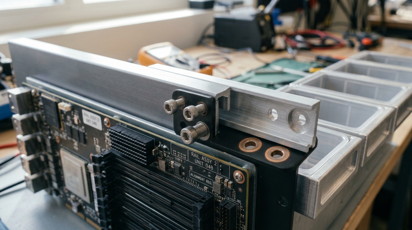 A second, shorter rail being bolted onto the end of the compute-allocation board beside the original one, its mounting bracket only two of four bolts tightened, a fresh row of unfilled slots waiting beyond it