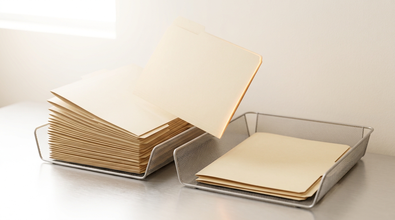 Two wire trays on a desk, a tall stack of circuit-claim folders filling the in-tray and a nearly bare out-tray beside it, one folder caught in mid-air between them