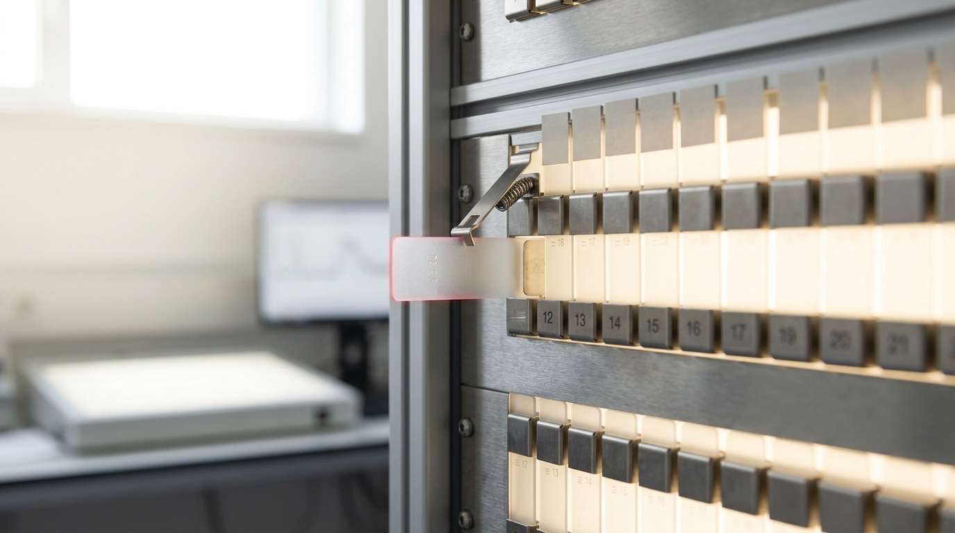 A card-cage of frosted-acrylic capability modules on the server station, with one module part-drawn from its slot and a small brass keyed gate latch swung open beside it