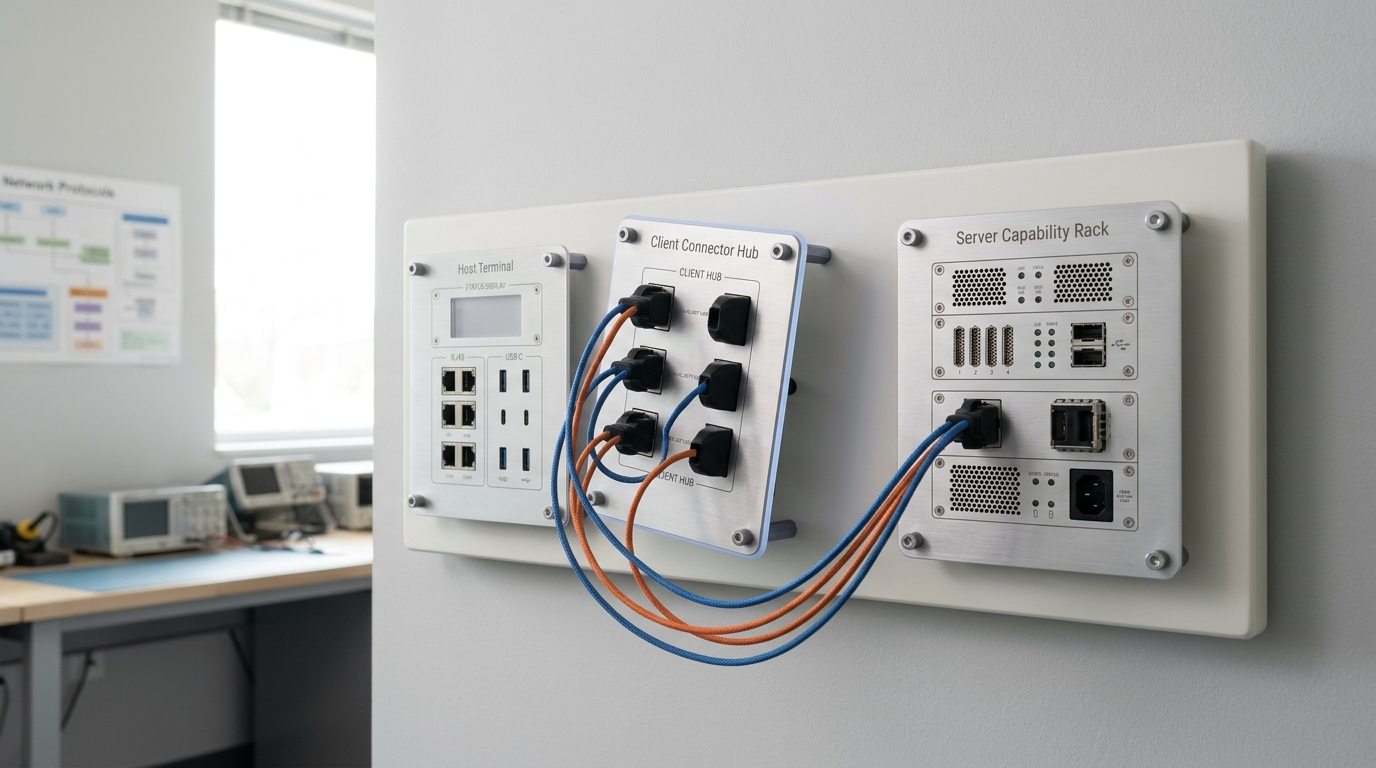 A wall-mounted demonstration board with three linked panel stations — a host terminal, a client connector hub and a server capability rack — with the client hub lifted half off its mounting studs mid-installation