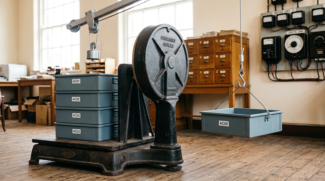 A platform freight scale in a daylit room with a stack of drive caddies already weighed on one side and a single caddy caught just above the platform, its needle still swinging
