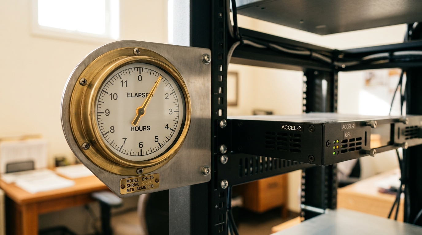 A round elapsed-hour meter mounted on the end of a short server rack in a daylit room, its needle caught just past one of the dial's marked hour graduations with a bank of accelerator trays visible beyond