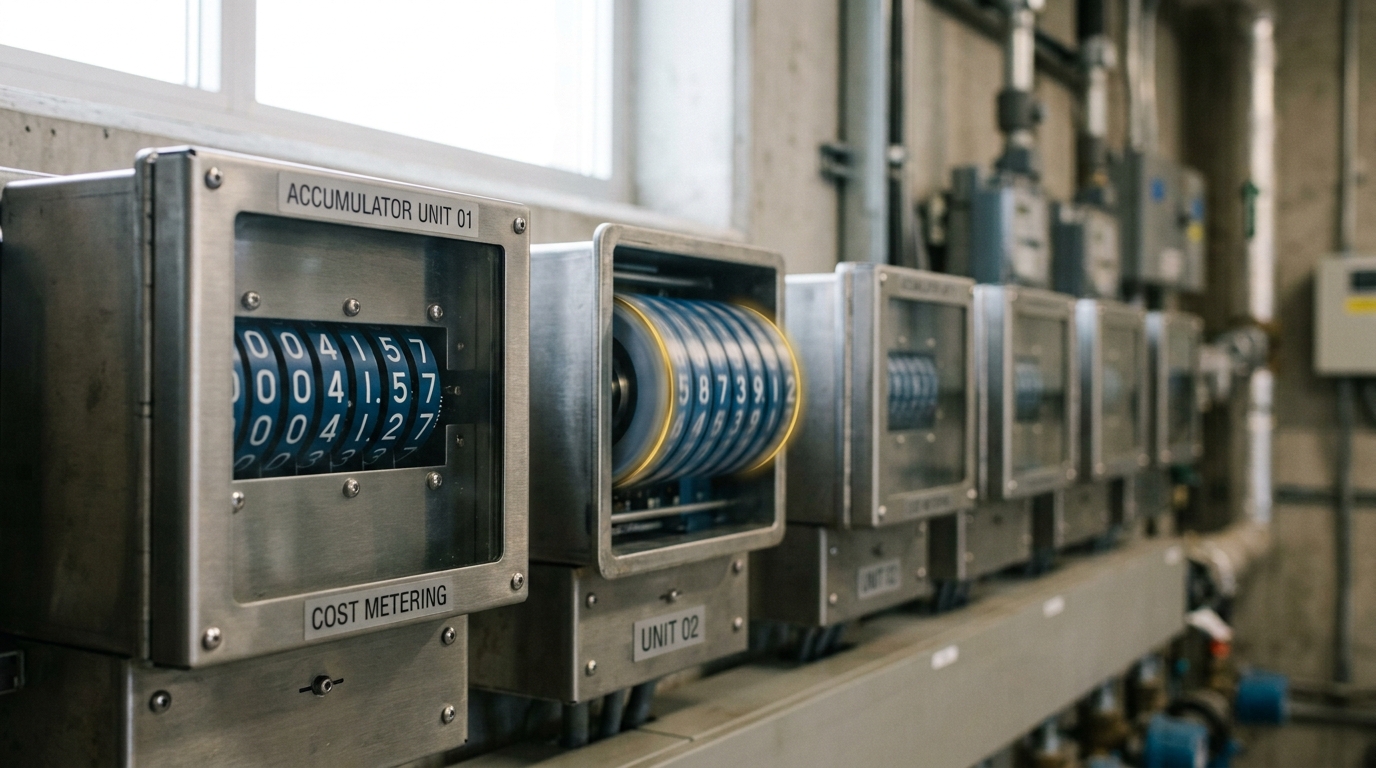 A bank of four brushed-steel mechanical usage meters in a daylit accounting room, three dial windows holding still digits while the fourth drum is caught mid-roll in a blur between two numbers
