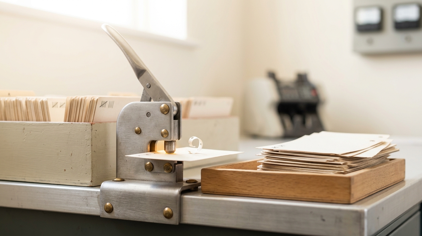 A card-index box of paper record cards on a bench beside a mechanical hole-punch fixture, its punch arm caught mid-stroke through one card while a tray of already-punched cards sits beside it