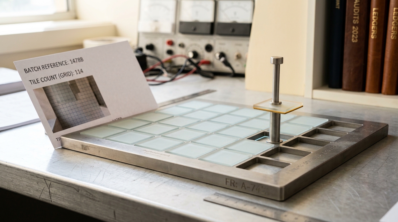 A metal tiling gauge on a bench holding a grid of pale glass measuring tiles, most seated flush in their frame while one square tile stands lifted just above its slot, guided by a spring-loaded index arm