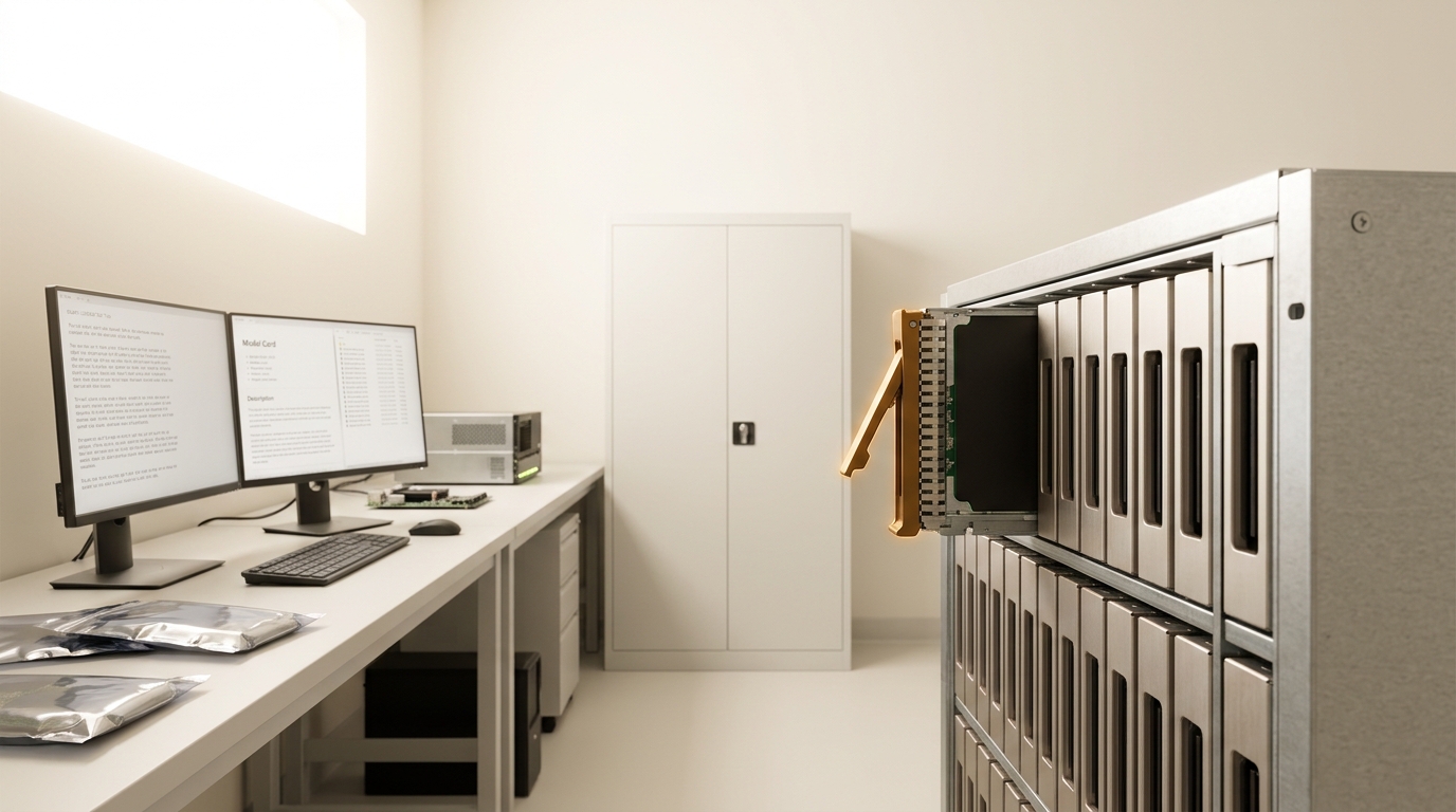 A bright release lab with a sheet-steel storage array holding a weights checkpoint, one drive caddy caught part-withdrawn from its bay, and a bench beyond it carrying a workstation whose screens hold a licence file and a model card