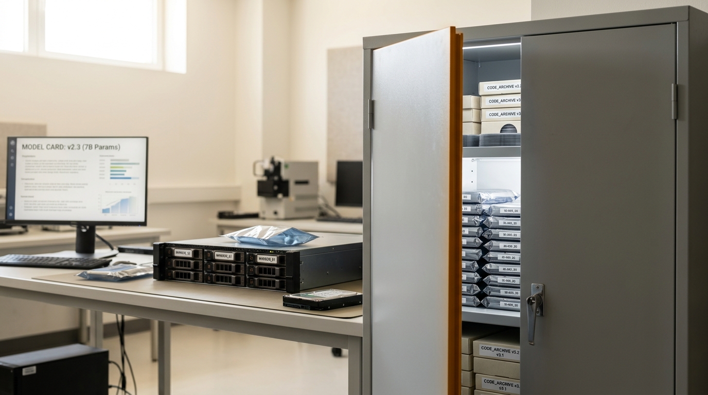 The door of a closed-artefact cabinet caught swinging shut a hand's width from its frame, with a mirror server and an already-copied archive drive lying out of its opened anti-static bag on the bench beyond it