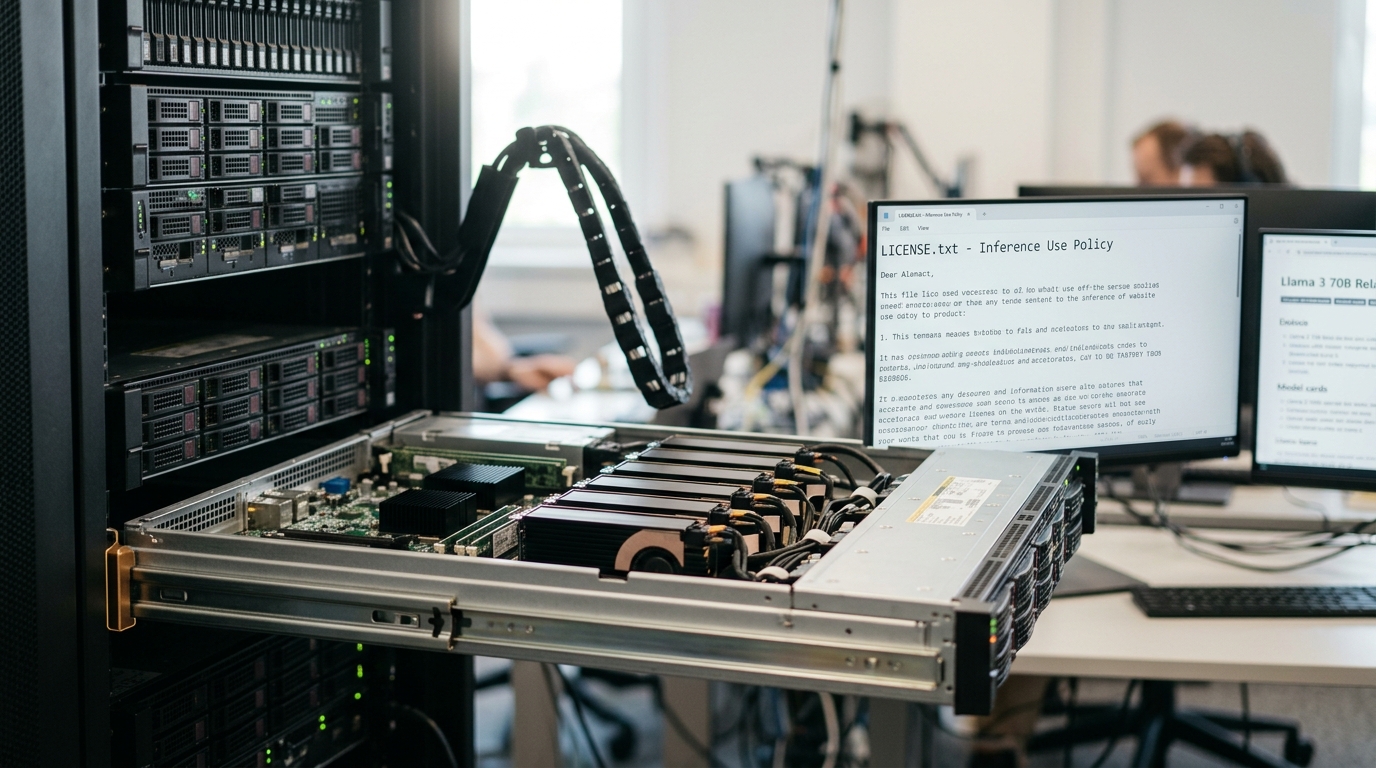 A rack-mount inference node running the released weights caught part-way out of its bay on anodised slide rails and arriving at its travel stop, with a workstation screen holding a licence file and a model card beyond it