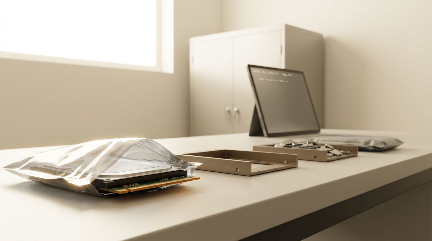 An offline archive drive caught half out of its anti-static bag on a lab bench with the foil turned back from its bare board edge, a caddy of weight shards and an empty caddy laid out beyond it, and a closed cabinet holding the training data behind